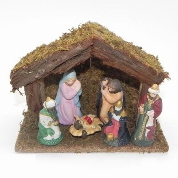 Betlém 6porc.figurek,chlév mech+dřevo 17,5x8V13cm